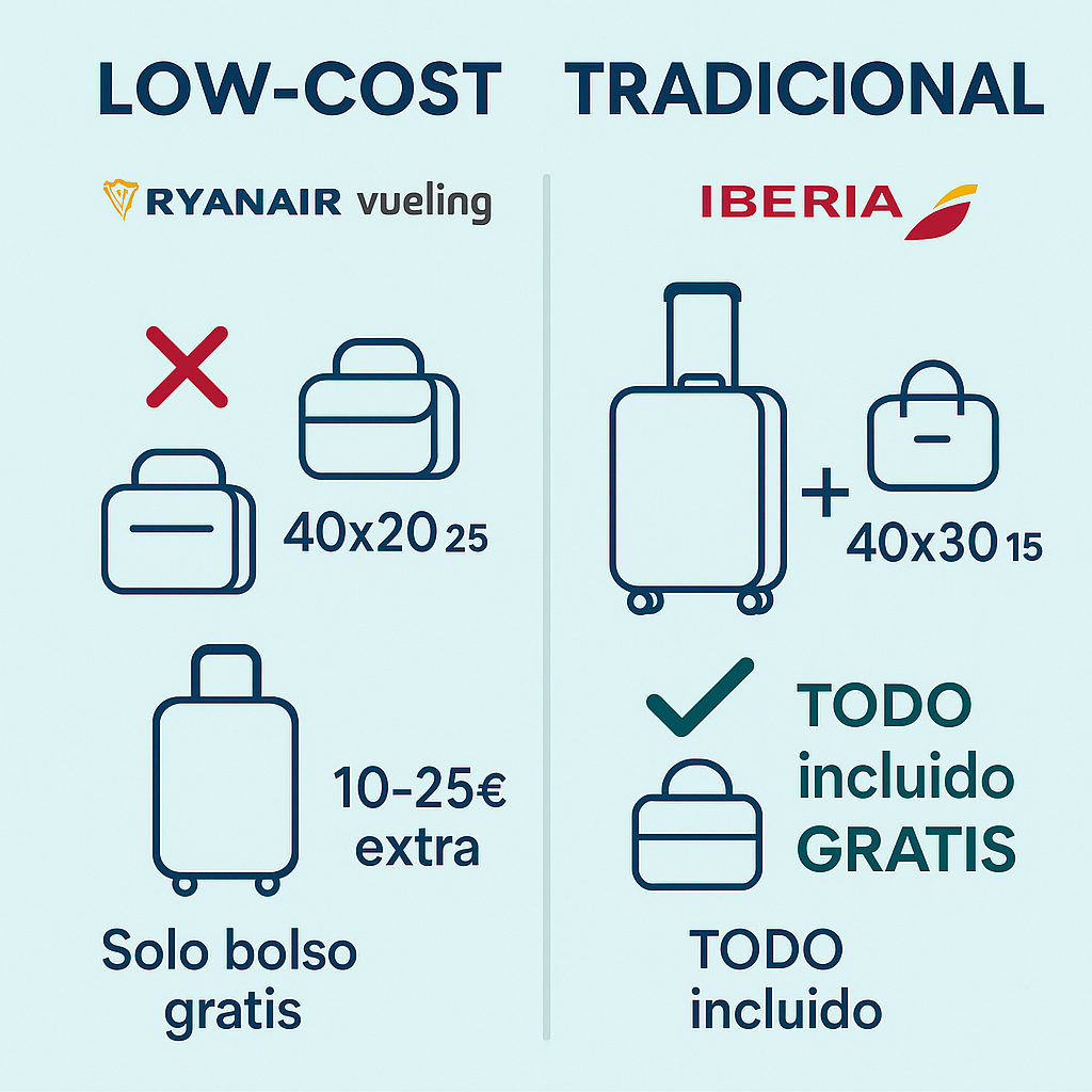 Comparativa visual medidas equipaje por aerolínea - Ryanair vs Vueling vs easyJet vs Iberia