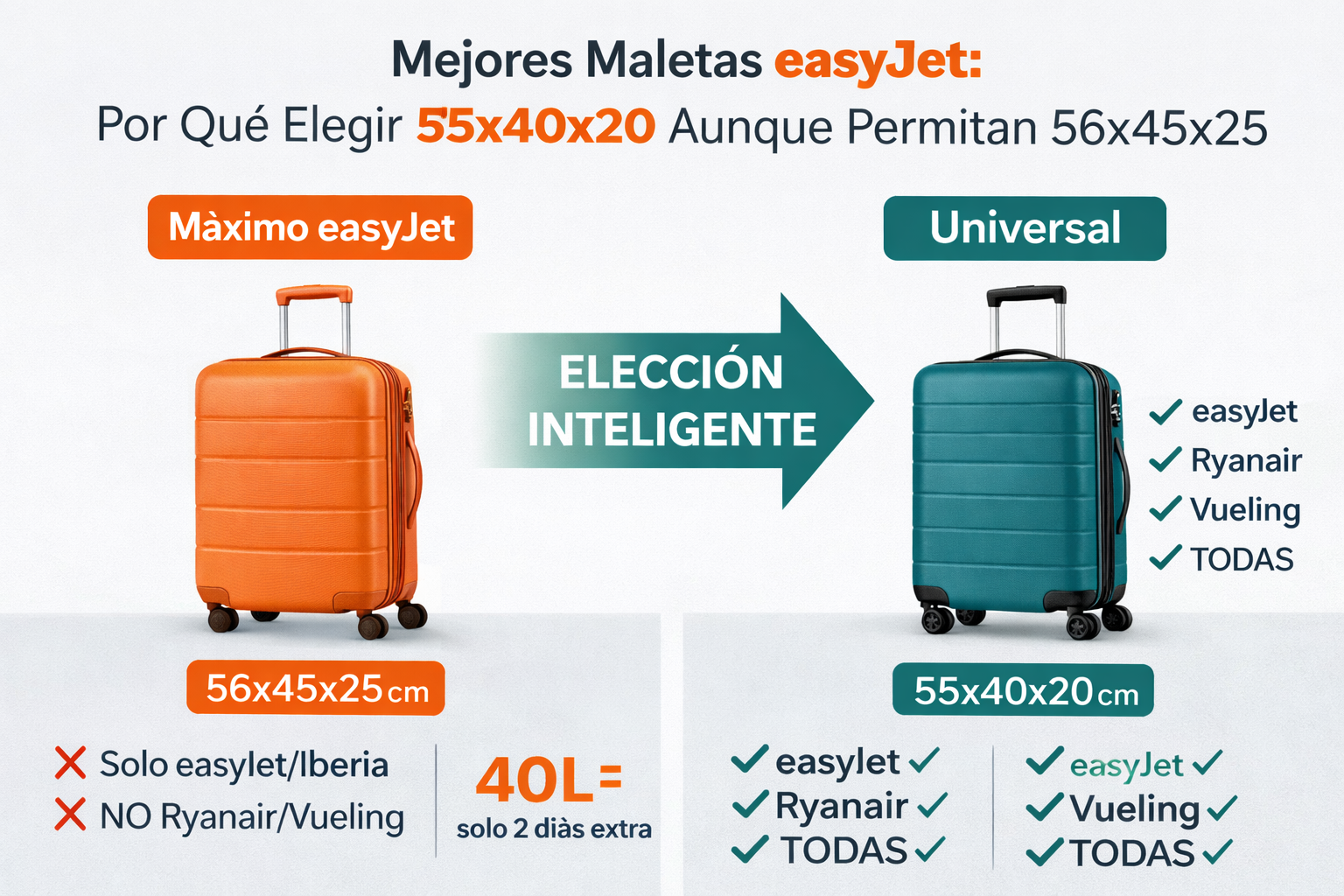 Mejores maletas easyJet 2025 - Por qué elegir 55x40x20 aunque permitan 56x45x25
