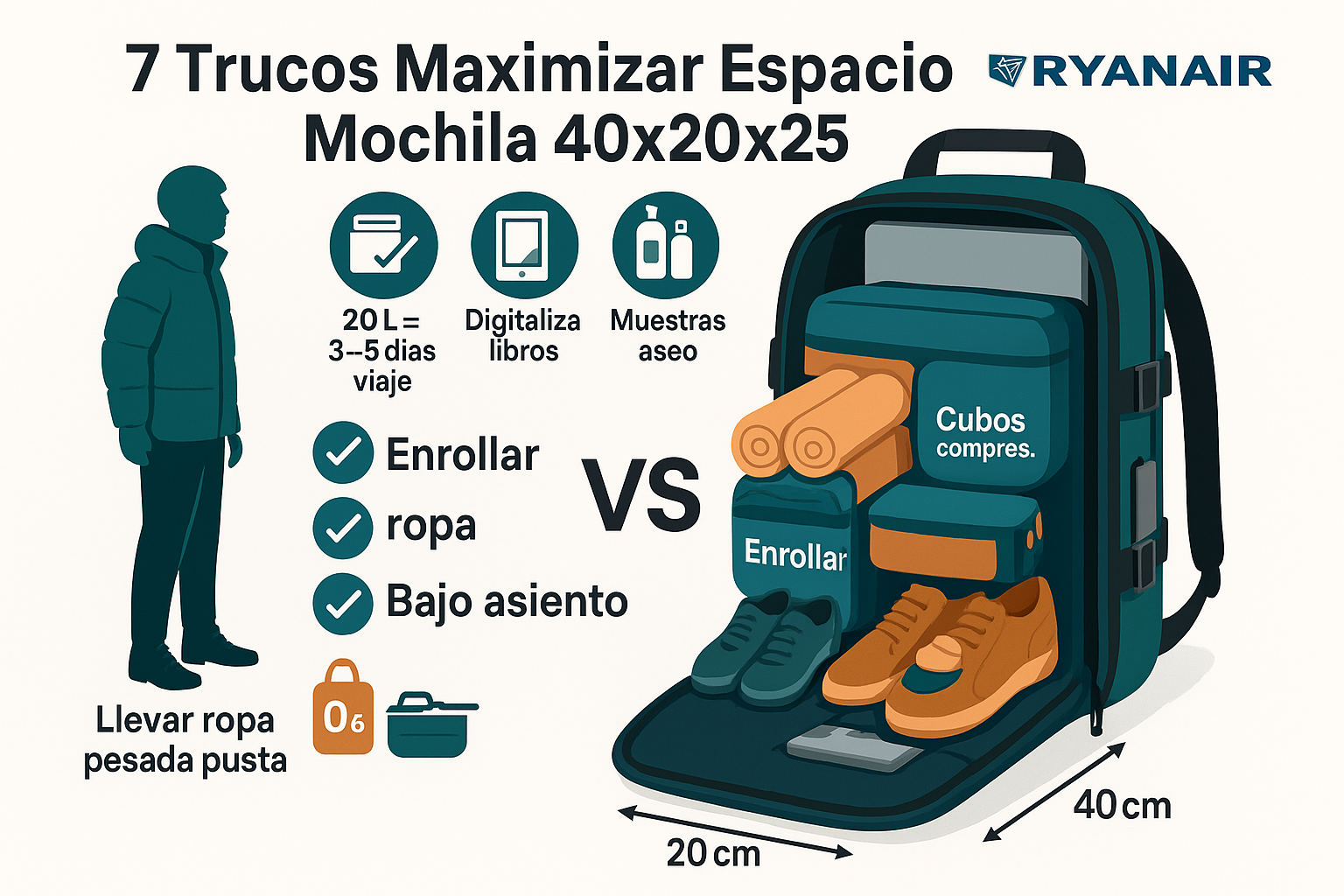 Trucos para maximizar espacio mochilas 40x20x25 Ryanair - Técnicas embalaje
