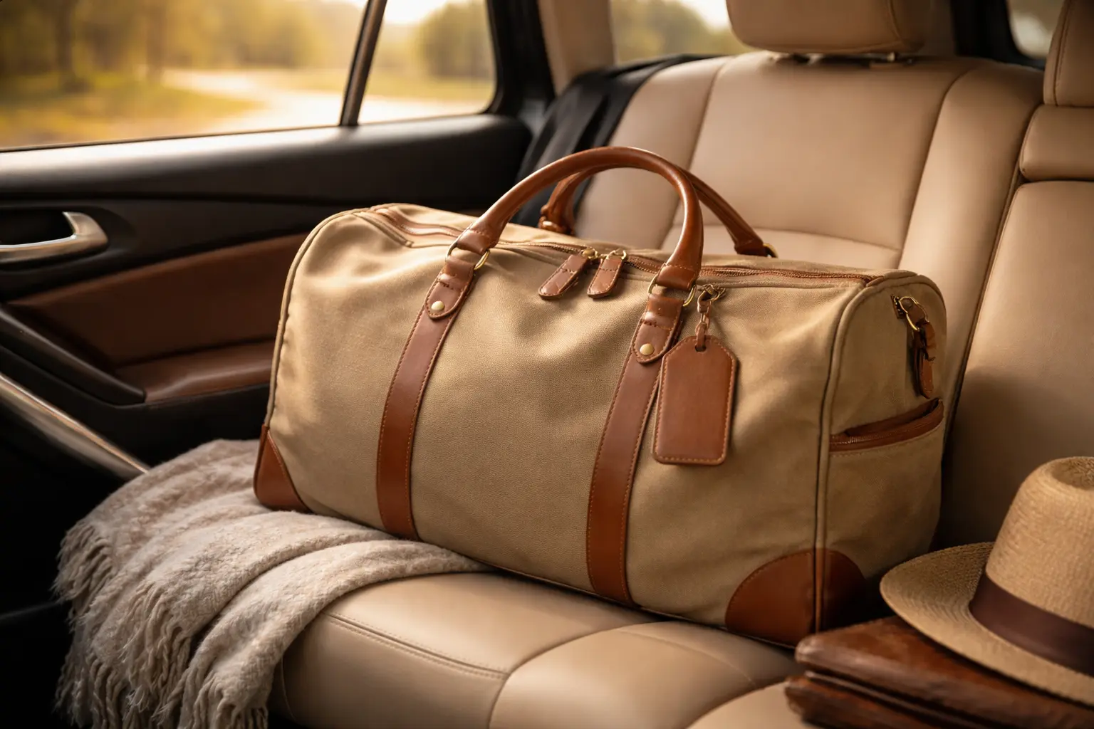 Maleta blanda de lona beige con asas de cuero en asiento de coche