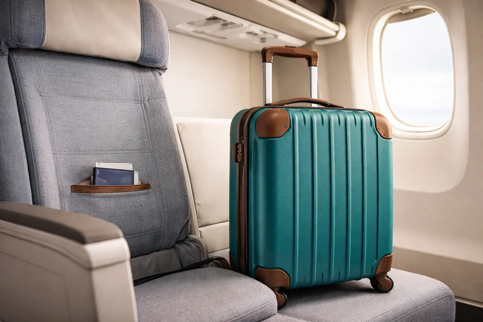 Maleta de cabina rígida teal en compartimento de avión