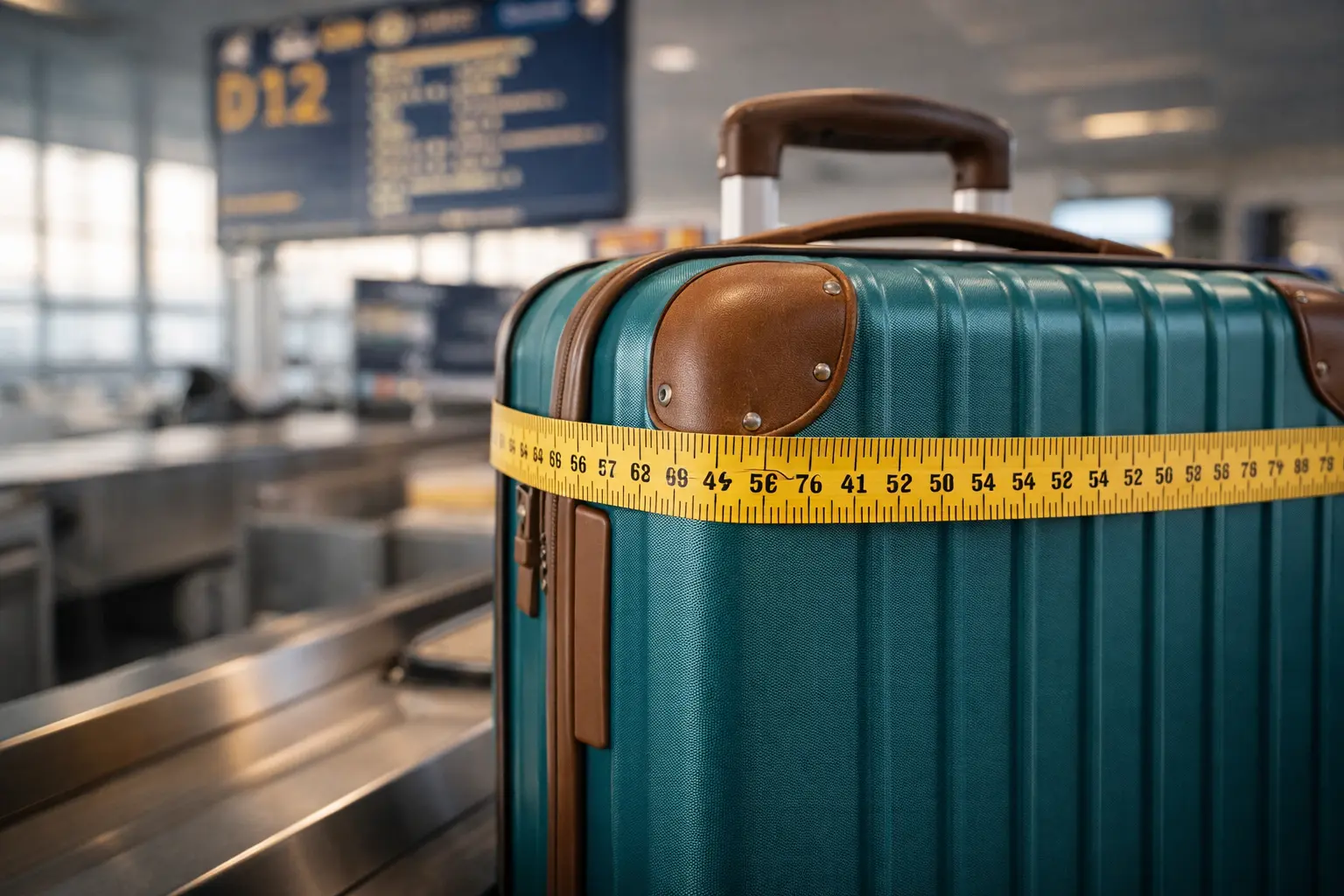 Cinta métrica midiendo maleta de cabina en aeropuerto