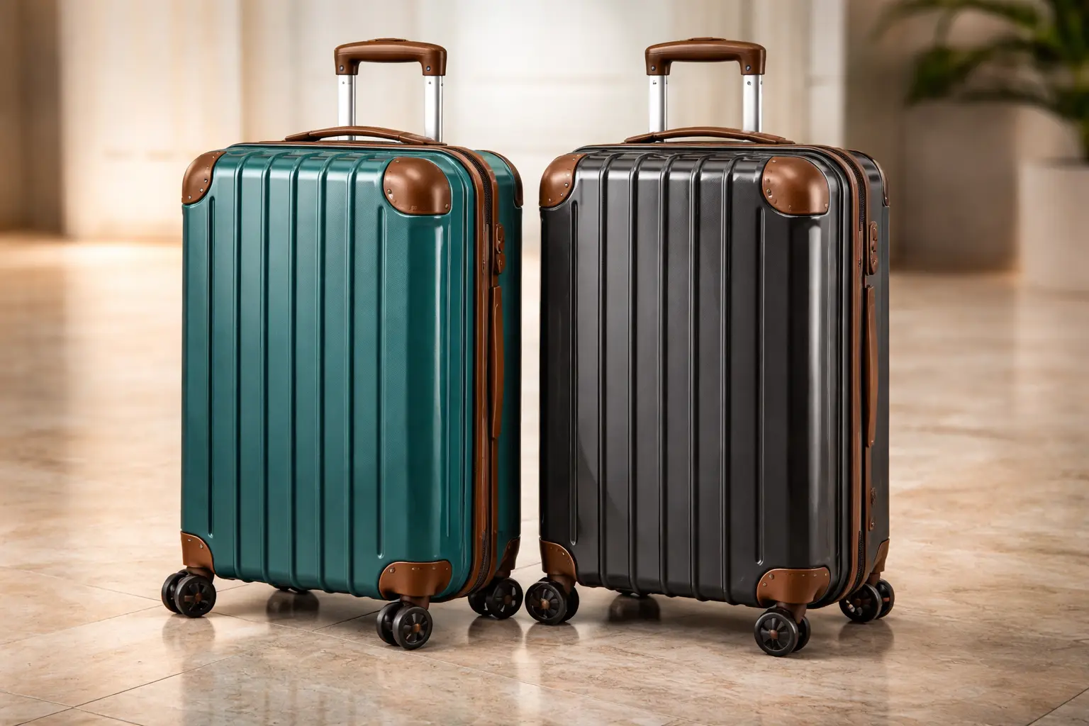 Maletas rígidas de policarbonato teal y gris sobre suelo de mármol