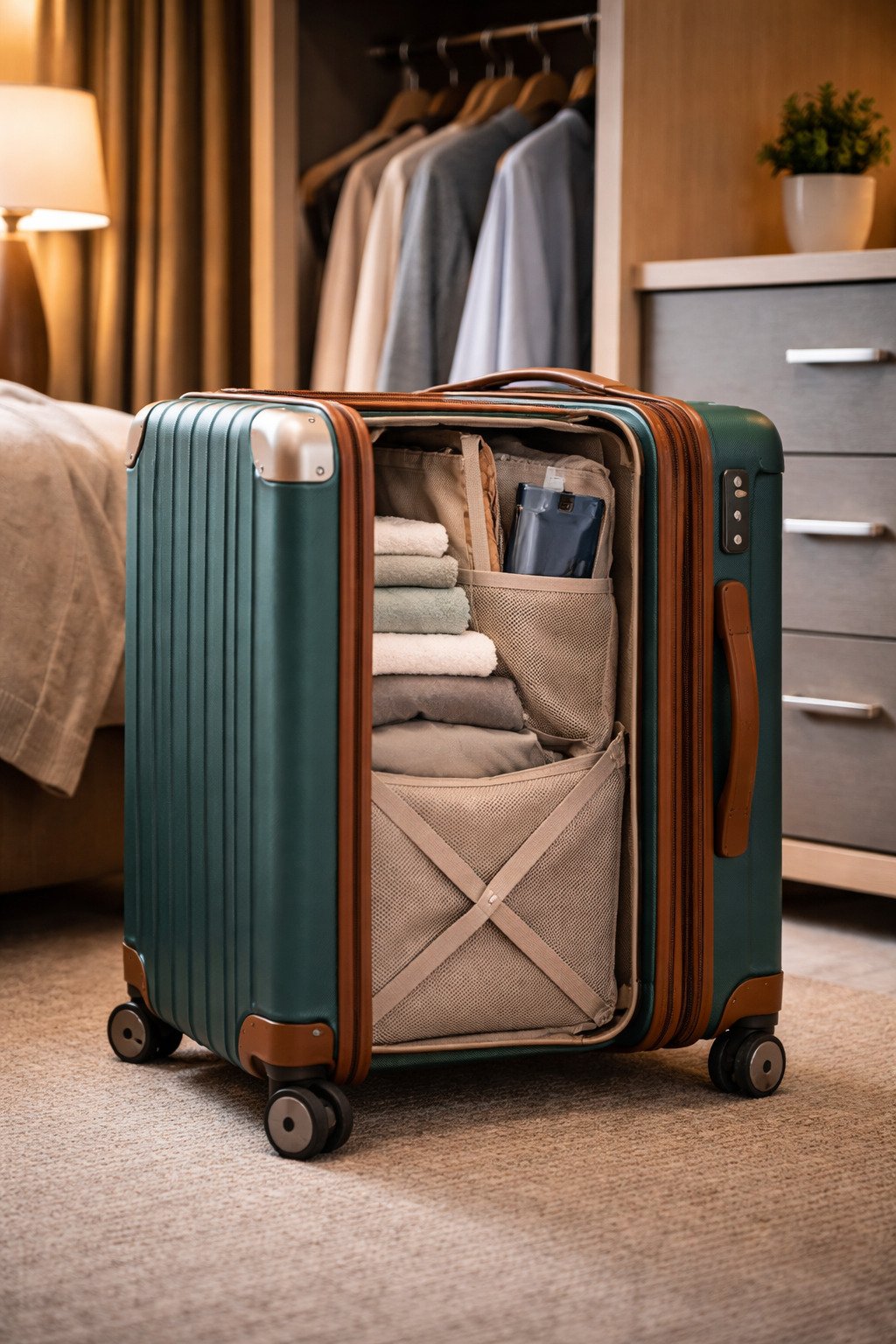 Maleta mediana abierta con ropa organizada sobre cama de hotel