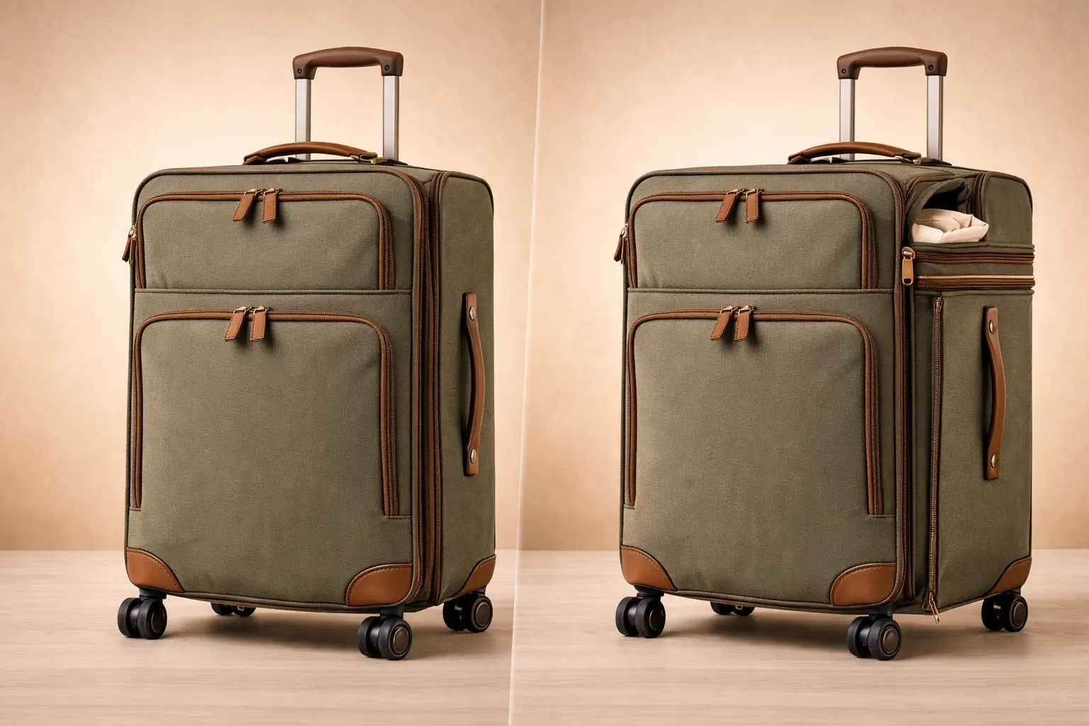 Maleta expandible cerrada y expandida mostrando la diferencia de capacidad