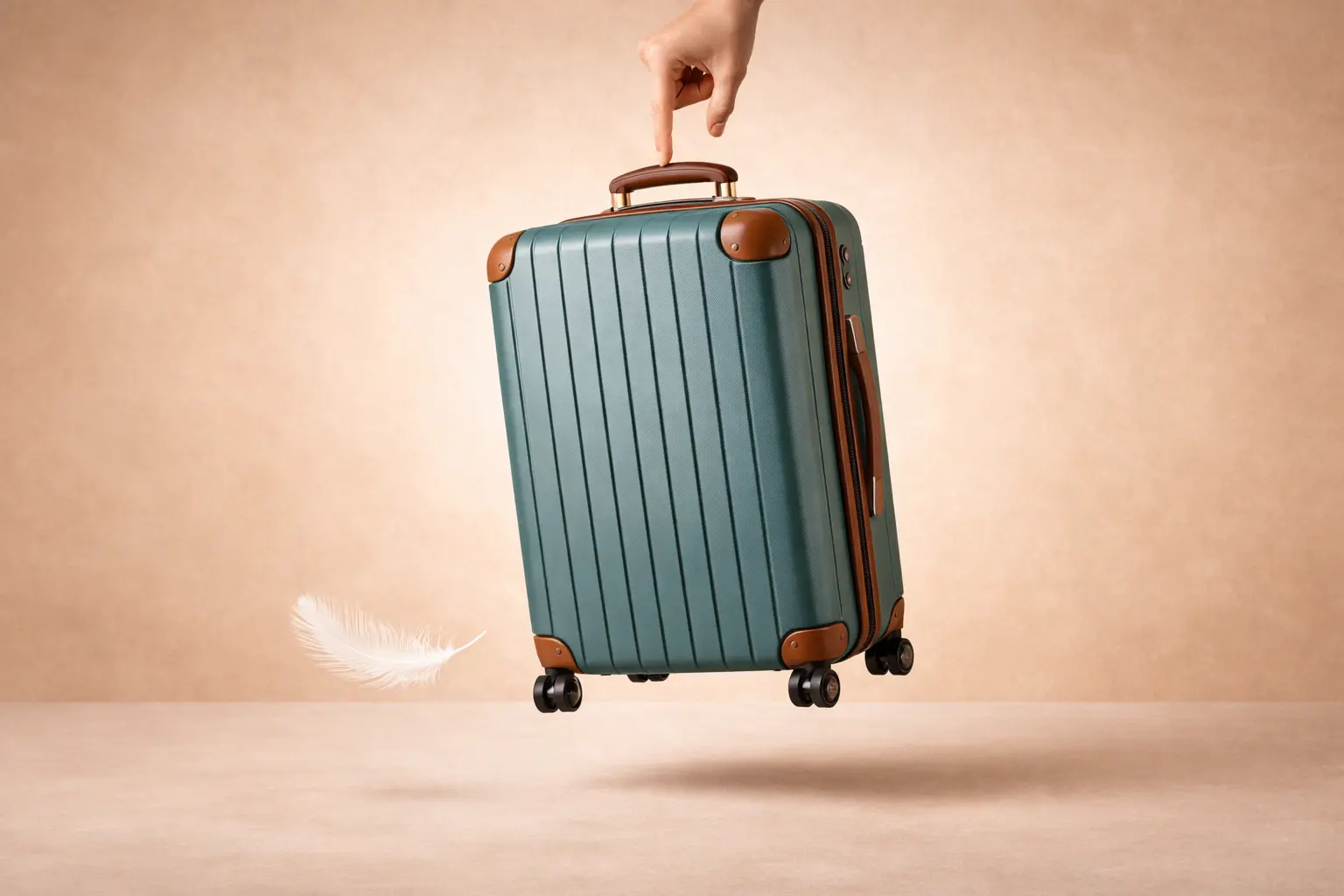 Mano levantando maleta ultraligera de policarbonato con facilidad