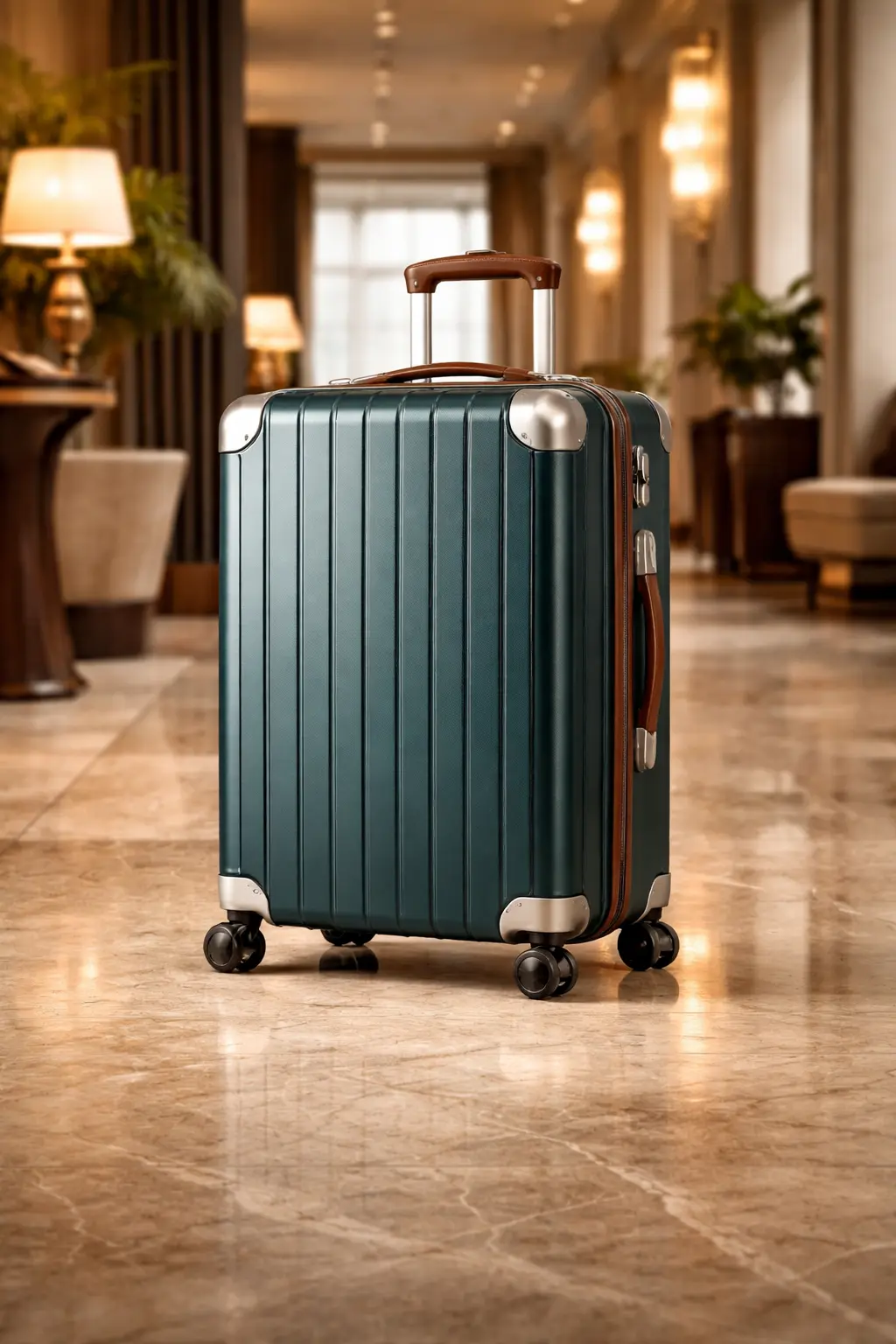 Maleta premium teal brillante en lobby de hotel de lujo