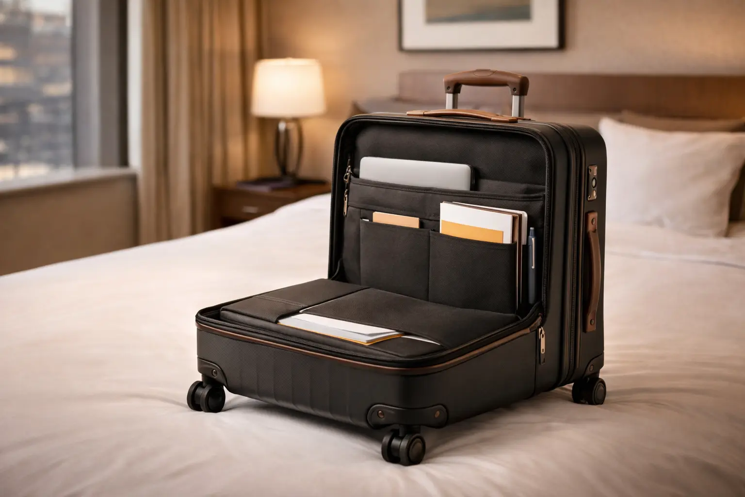 Maleta business profesional abierta con compartimento para portátil