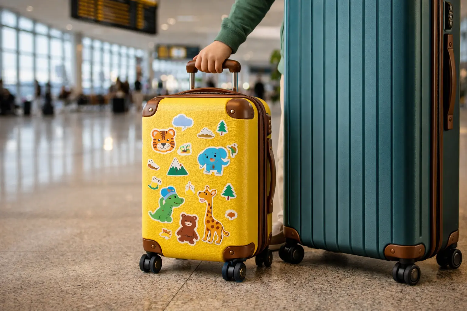 Maleta infantil colorida con diseño de animales junto a maleta adulta