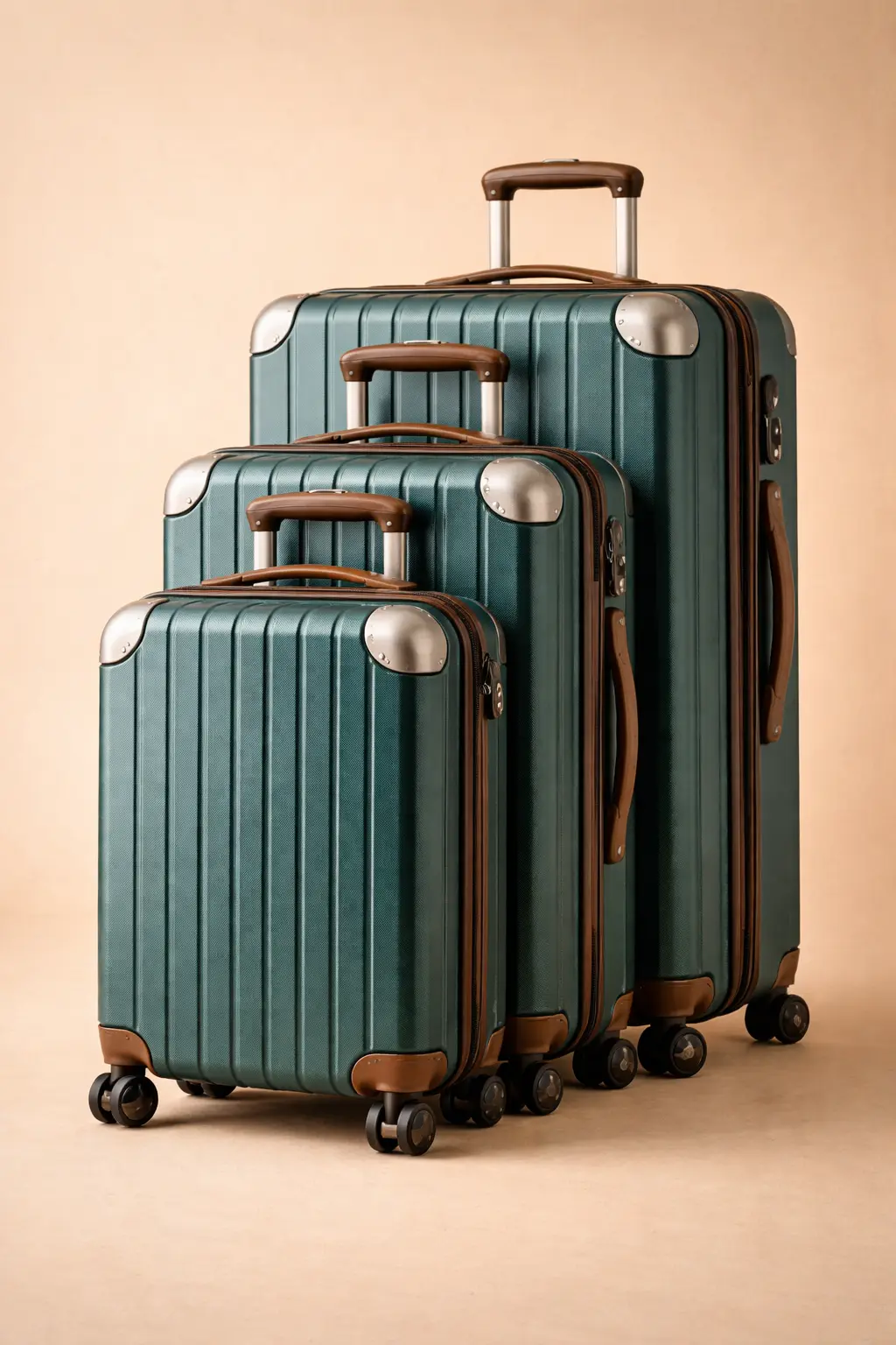 Set de tres maletas teal de tamaños progresivos anidadas juntas