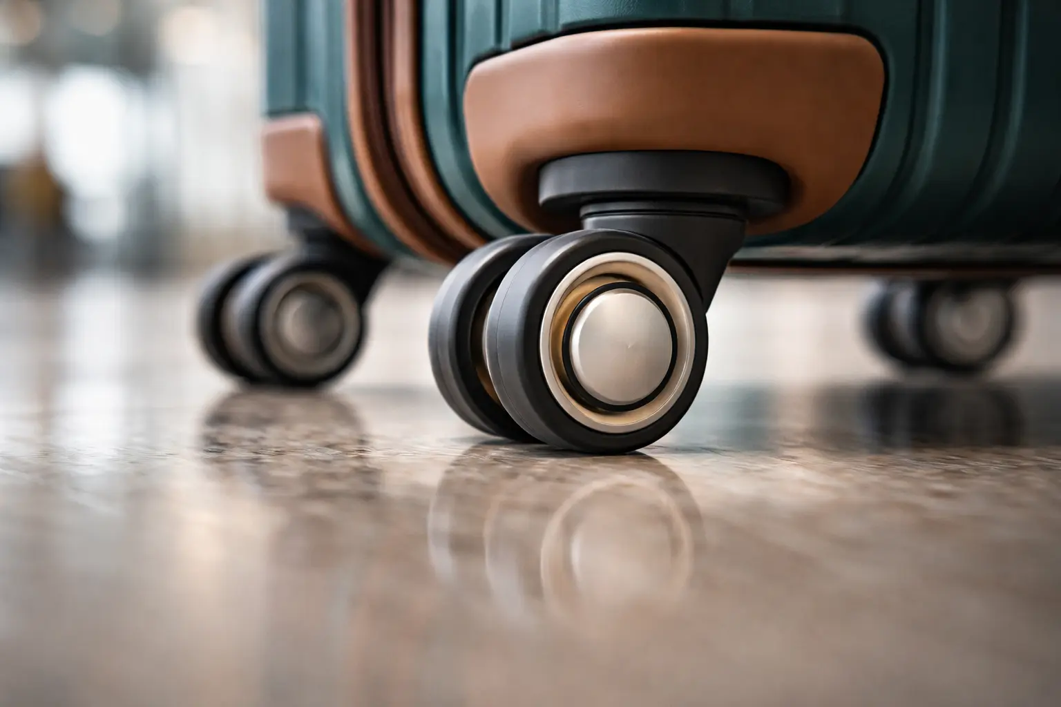 Detalle de ruedas dobles spinner de maleta de viaje en suelo de aeropuerto