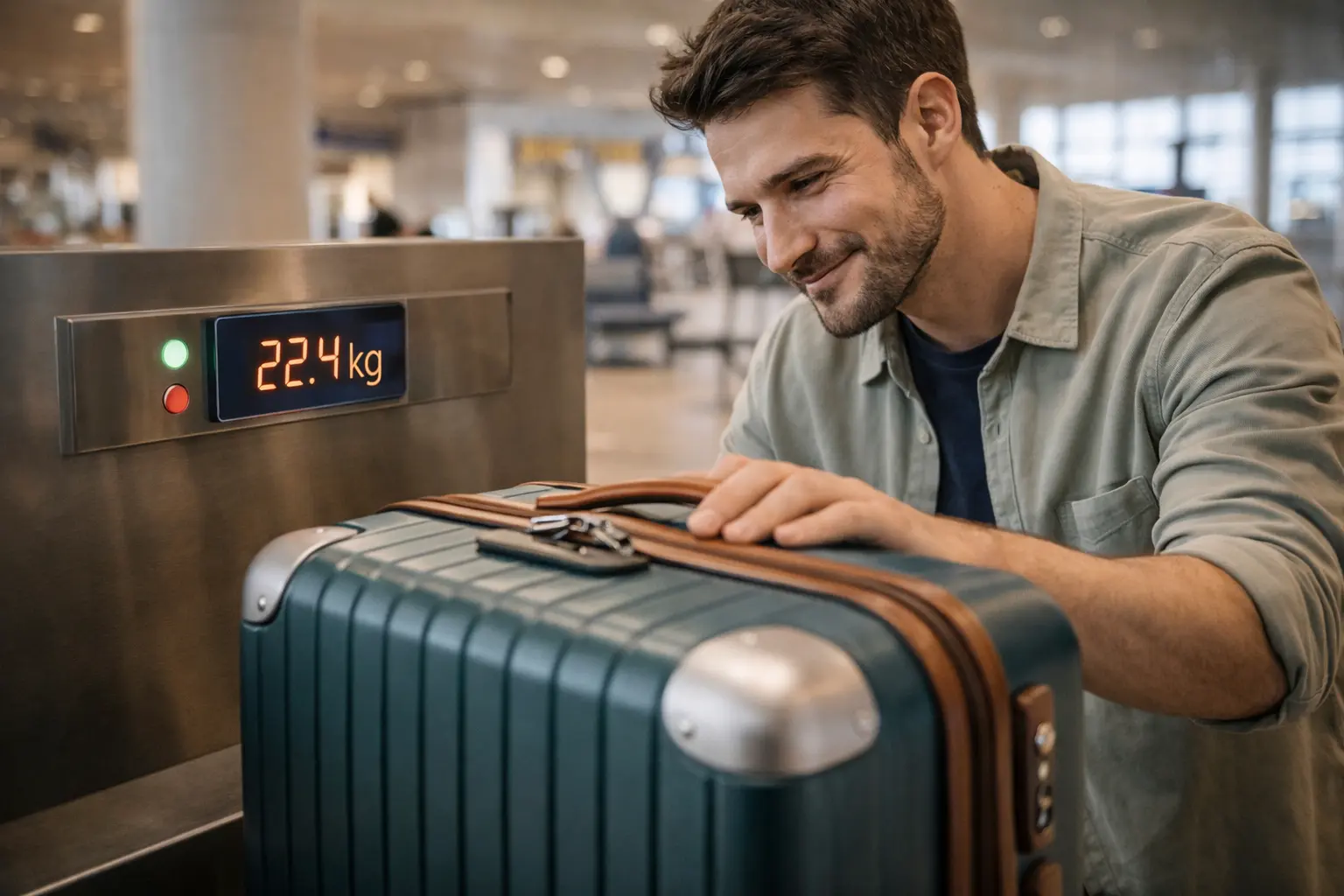 Viajero pesando maleta de cabina en báscula del aeropuerto