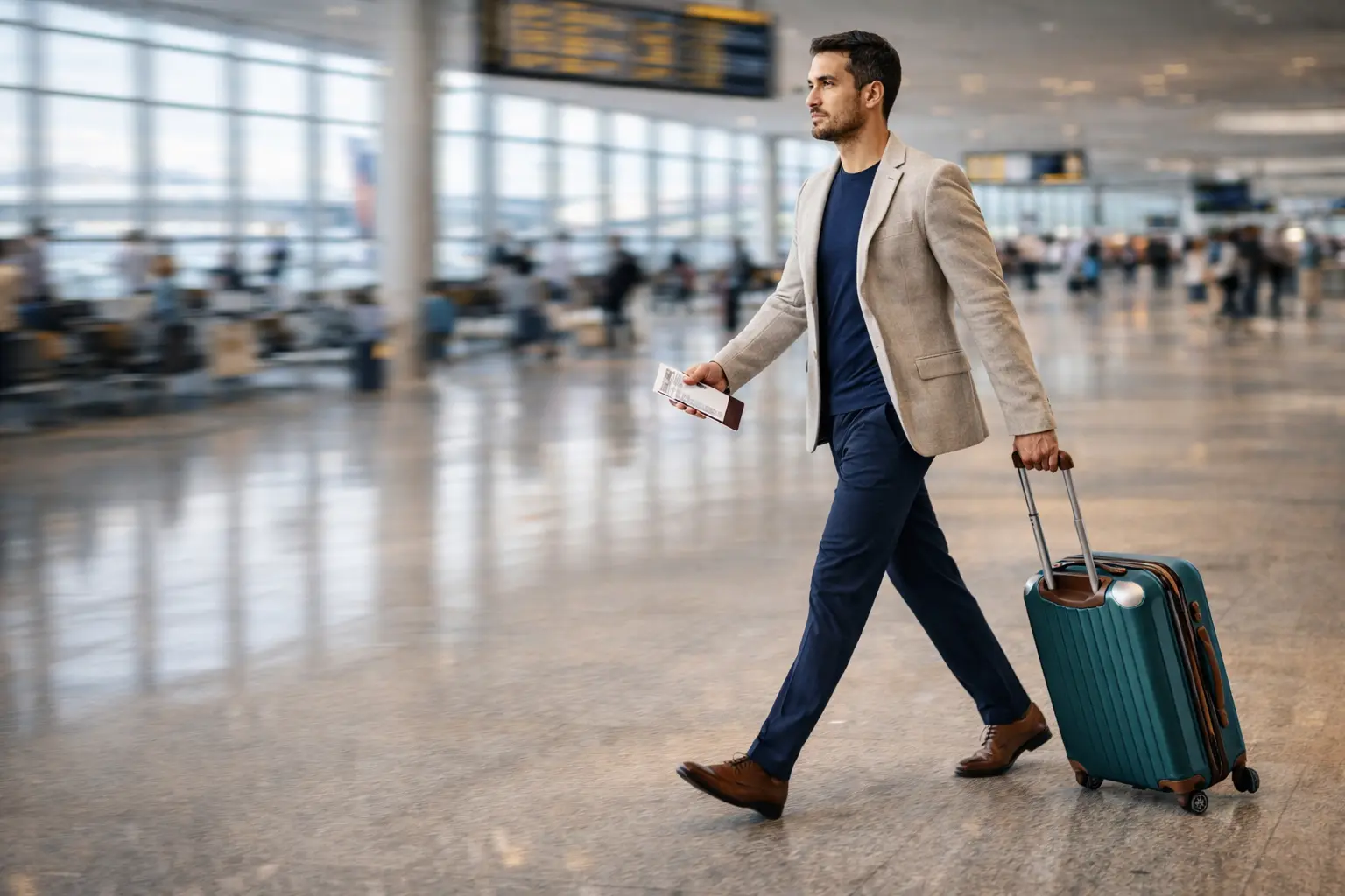 Viajero con maleta de viaje en el aeropuerto, listo para volar sin facturar